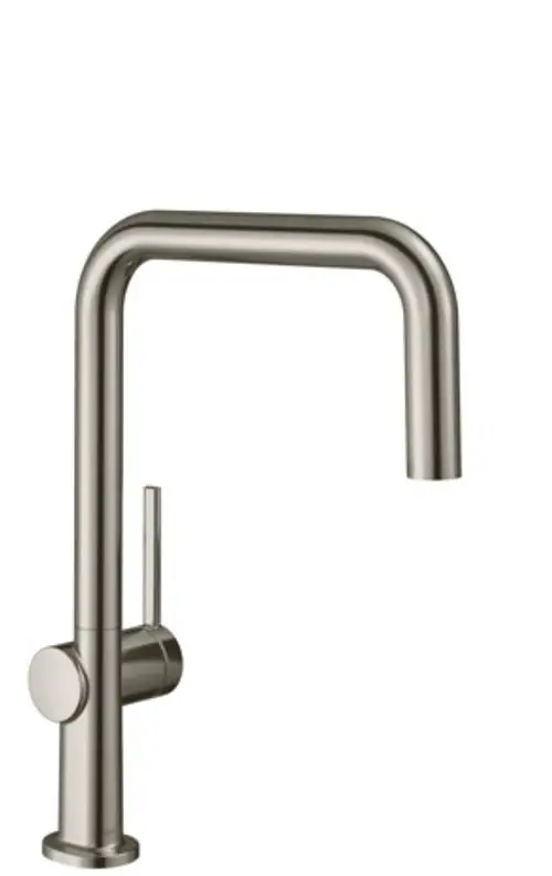 Hansgrohe Spültischmischer in Edelstahl-Optik mit einem geraden, modernen Design und einem seitlichen Hebel für die Wasserregulierung.